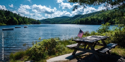 Rustic picnic table with a small flag overlooks a serene lake surrounded by lush green hills