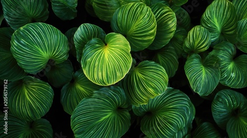Vibrant green, ribbed leaves form a dense, textured natural pattern