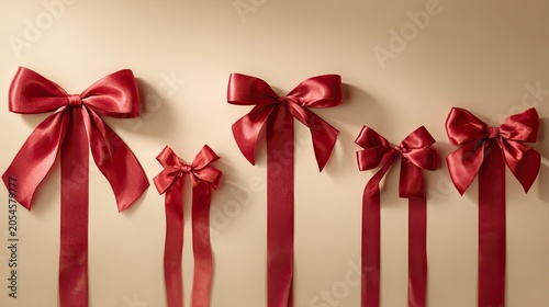 Elegant red satin bows of varying sizes cascade down a neutral backdrop
