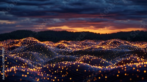 Abstract glowing data landscape at dusk with rolling hills and dark clouds