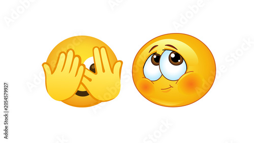 Quadro su tela Shy emoji illustration isolated on transparent background, cute blushing face expression for messaging, stickers, social media, reactions and creative design projects