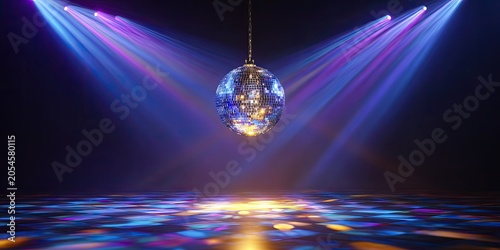 A glittering disco ball hangs above a floor illuminated by colorful spotlights