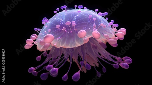 Luminous, translucent marine creature with dangling appendages and bioluminescent accents