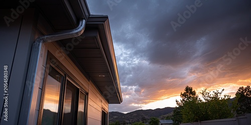 Modern house exterior with metallic gutter against a dramatic sunset sky