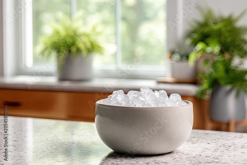 A light-colored bowl overflowing with clear, small ice cubes rests on a speckled countertop