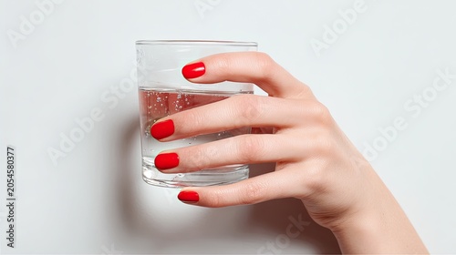 Red fingernails grasp a clear glass of water on a white background