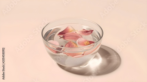 Minimalist Glass Bowl with Water and Floating Pink Flowers Casts a Sharp Caustic Shadow on Warm Beige Surface