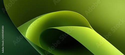 Smooth, flowing green paper curves create abstract, organic shapes against a darker background