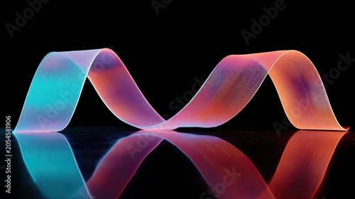 Glowing ribbon curves and reflects on dark surface, illuminated by vibrant hues