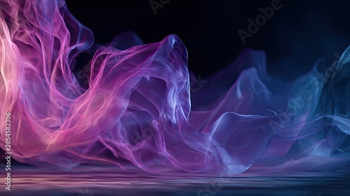 Ethereal wisps of vibrant pink and blue fabric flow over a reflective surface