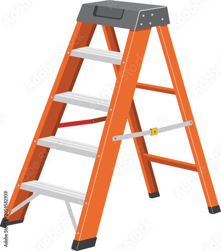 Orange fiberglass folding stepladder mockup for home renovation repairs, construction step ladder vector isolated illustration