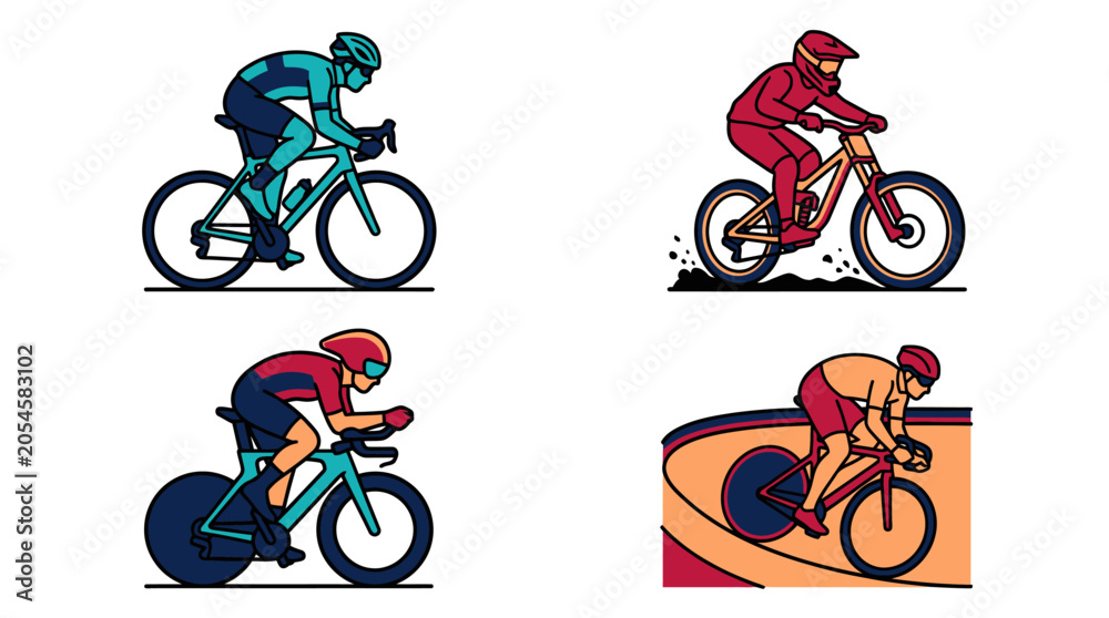 Fototapeta premium A set of four professional cyclists riding their bicycles fast