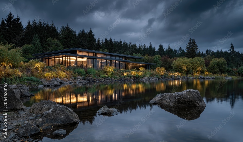 Fototapeta premium Modern building with illuminated windows reflected in calm lake at twilight