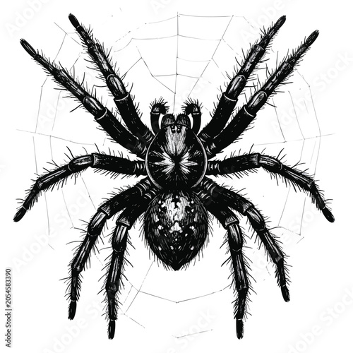 Detailed hand drawn illustration of a scary black spider.