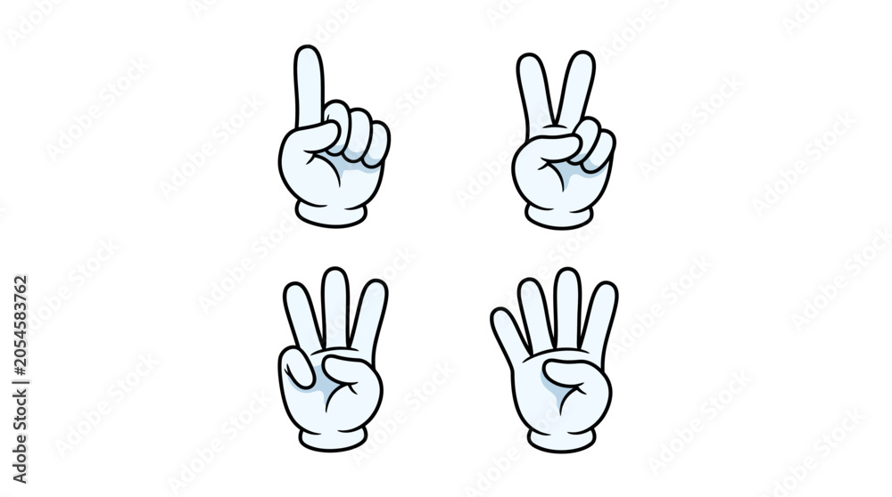 Fototapeta premium Cartoon white gloves showing numbers one through four on white