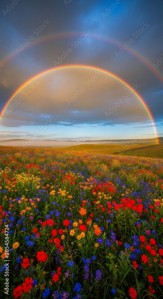 Obraz premium Double Rainbow Over Wildflower Meadow at Sunset