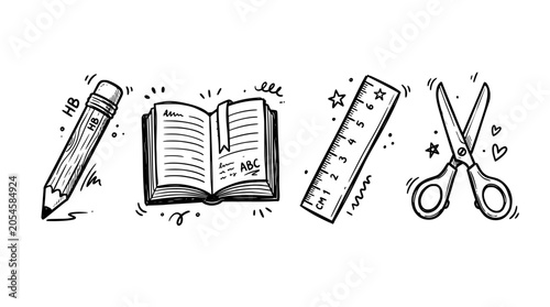 Hand drawn back to school icons set, pencil book ruler scissors, doodle sketch collection, black ink vector illustration