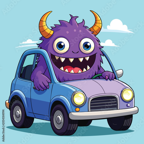 A cute purple furry monster driving a small blue car.