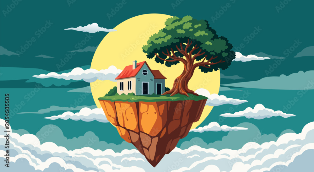 Naklejka premium Fantasy floating island with house and tree in the sky, whimsical illustration.