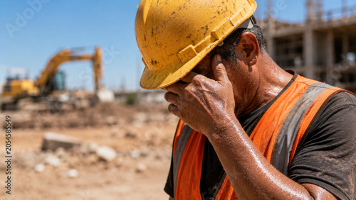 Sweat drips from construction worker brow as he deals with heat and stress on challenging job site