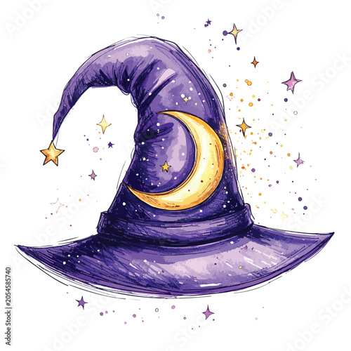 Watercolor illustration of a purple witch hat with a crescent moon and stars.