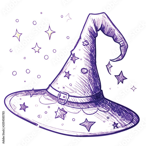 Purple ink sketch of a magical wizard or witch hat with stars.