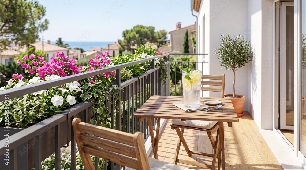 Obraz premium Modern apartment balcony with wooden furniture, blooming flowers, green plants and refreshing drinks overlooking a sunny coastal sea view.