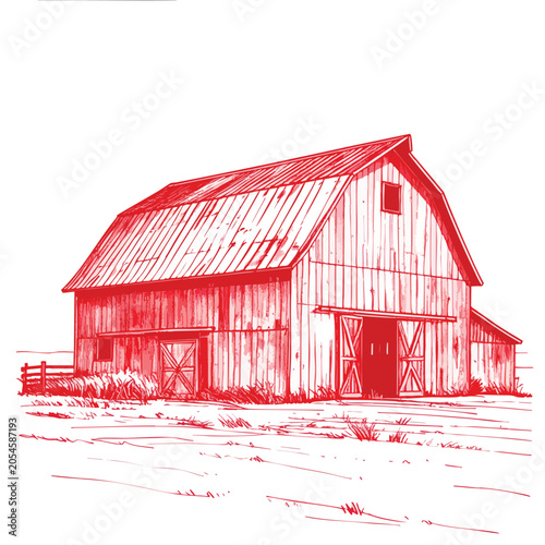 Red ink sketch of a rustic wooden barn on a farm.