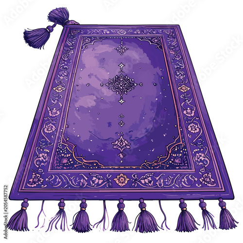 Elegant ornate purple prayer rug with decorative tassels.