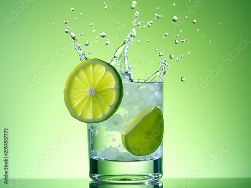 Extreme Macro of Refreshing Citrus Soda with Crushed Ice and Flying Droplets
