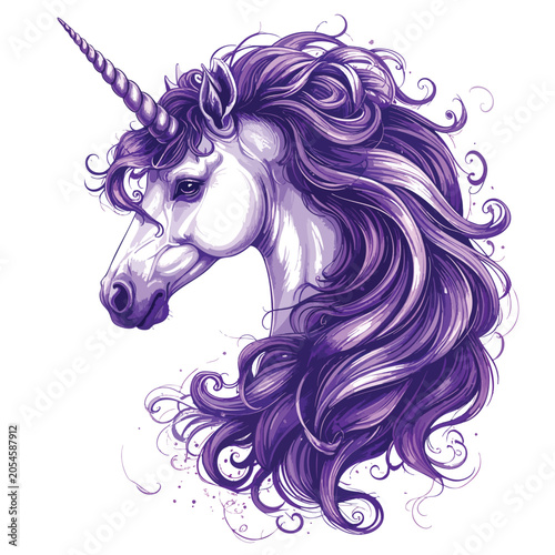 Beautiful artistic illustration of a majestic purple unicorn head.