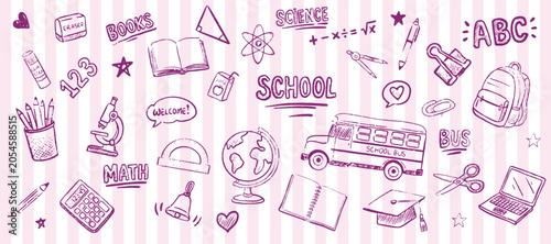 Pink hand drawn school doodles pattern on vertical striped background featuring school bus, backpack, globe, books, and educational stationery icons.