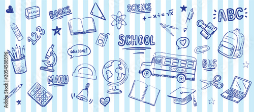 Blue hand drawn school doodles pattern on light blue vertical striped background featuring school bus, backpack, globe, books, and educational stationery icons.