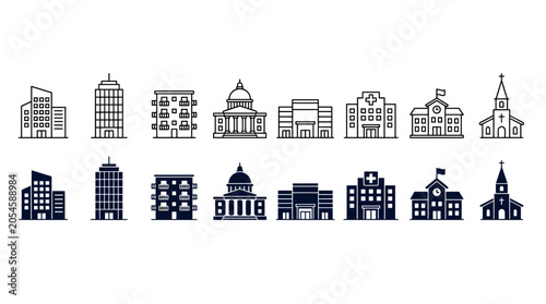 Outline and solid filled black icons of various public and residential buildings