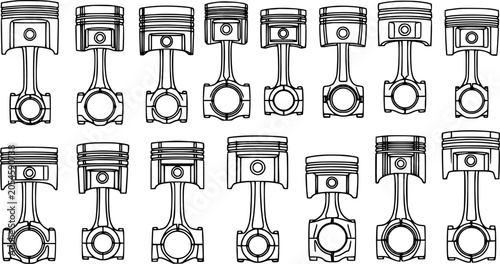 Bild auf Leinwand Automotive Engine Pistons and Connecting Rods Black and White Line Art Blueprint