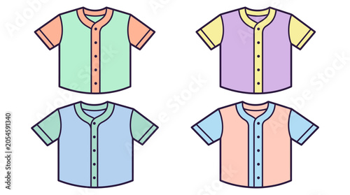 A set of four colorful baseball shirts on white background