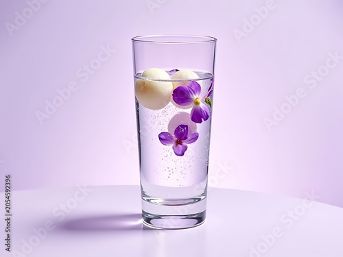 Macro Photography of Sparkling Water Glass with Peeled Lychee and Flowers on Lavender Background