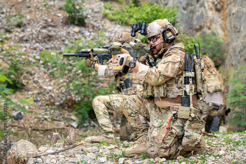 Fototapeta premium Military training exercise stealth operation outdoor terrain tactical environment ground level view combat readiness concept
