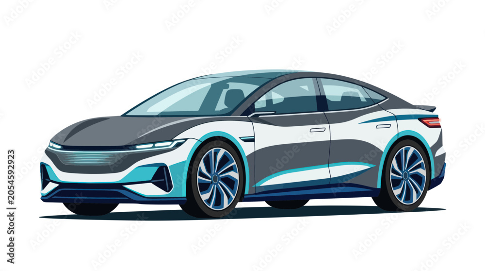 Fototapeta premium Modern electric sedan with sleek aerodynamic design and teal accents