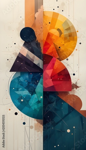 Modern Abstract Geometric Art Composition with Colorful Circles, Triangles, and Minimal Shapes, Contemporary Mid-Century Design, Creative Digital Illustration, and Stylish Artistic Background