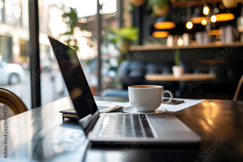 A laptop is open on a table with a white coffee cup next to it