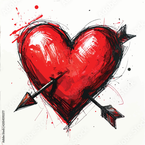 Artistic Illustration of a Vibrant Red Heart Pierced by an Arrow.