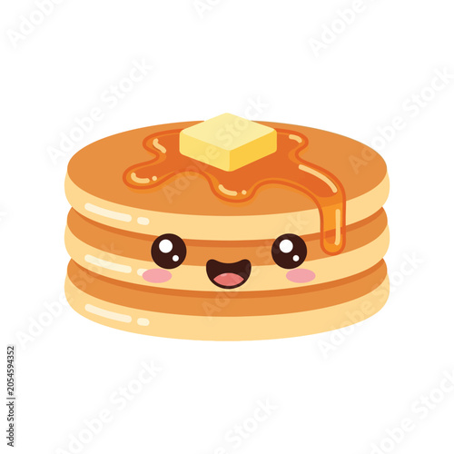 Smiling stack of pancakes with butter.
