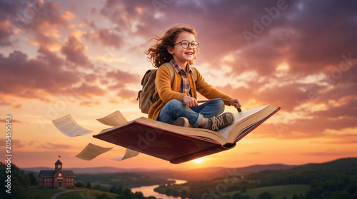Imagination Takes Flight: A young girl with a backpack joyfully rides a flying book through a dreamlike sunset sky, surrounded by floating pages.