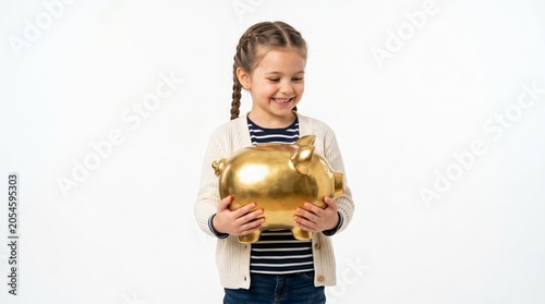 Golden Piggy Bank: A happy young girl with braided hair smiles as she holds a shiny golden piggy bank, symbolizing savings and future financial security.