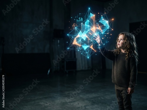 The Child and the Digital Constellation: A young child with curious eyes reaches out to touch a glowing, futuristic digital constellation.