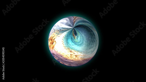 Abstract swirling liquid planet rotating on a black background with glowing aura