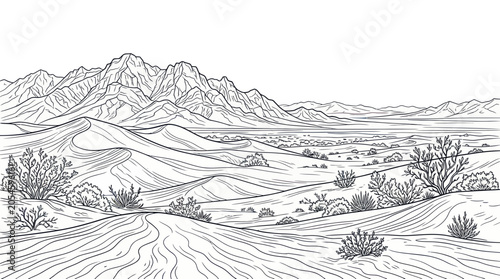 Photography Desert landscape with sand dunes and mountain range line art