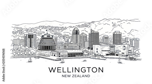 Photos Wellington new zealand skyline with beehive and harbour sketch