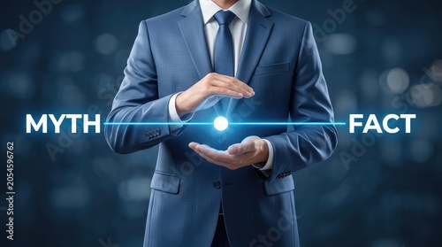 Businessman presenting myth vs fact concept with glowing orb